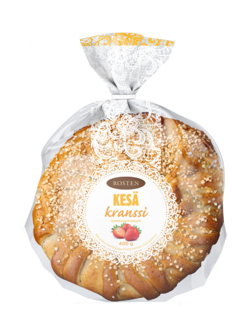 Rosten Kesäkranssi 400g Mansikka-vaniljajogurttitäytteinen pullakranssi